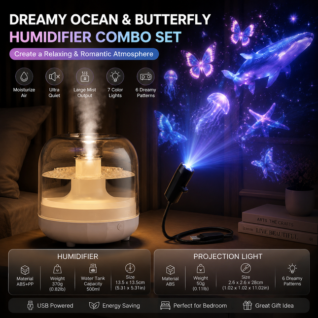 2-piece Bedroom Atmosphere Bundle White Ultrasonic Aroma diffuser Humidifier & Dreamy Butterfly