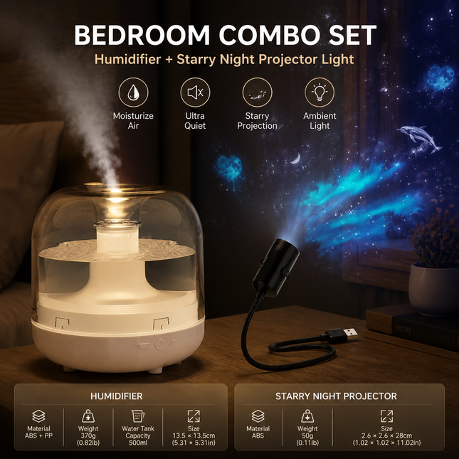 2-piece Bedroom Atmosphere Bundle White Ultrasonic Aroma diffuser Humidifier & Starry Sky