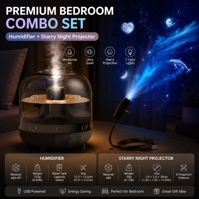 2-piece Bedroom Atmosphere Bundle Black Ultrasonic Aroma diffuser Humidifier & Starry Sky