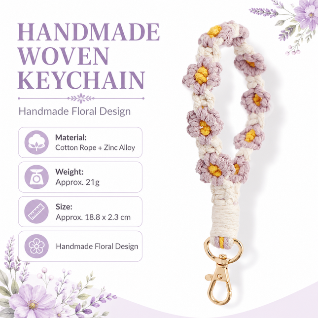 Purple Boho Daisy Handmade Braided Wrist Strap Keychain Floral Crochet Keyring with Zinc Alloy Hook
