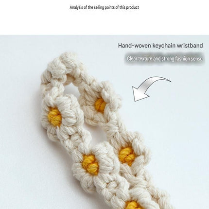 Pink Boho Daisy Handmade Braided Wrist Strap Keychain – Floral Crochet Keyring with Zinc Alloy Hook (Lightweight 21g Travel & Fashion Accessory)