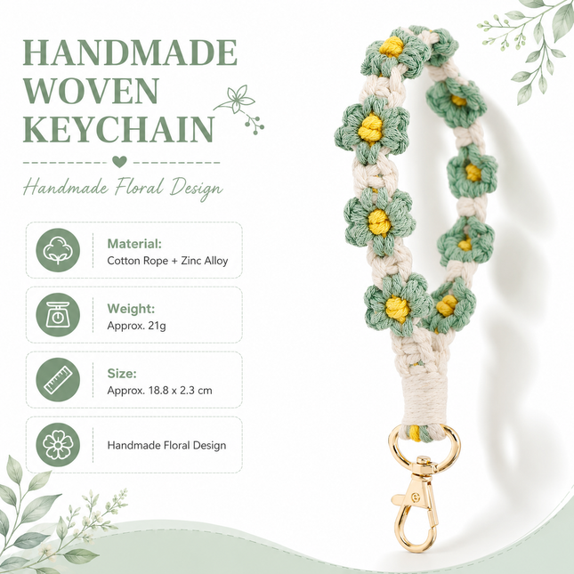 Green Boho Daisy Handmade Braided Wrist Strap Keychain Floral Crochet Keyring with Zinc Alloy Hook