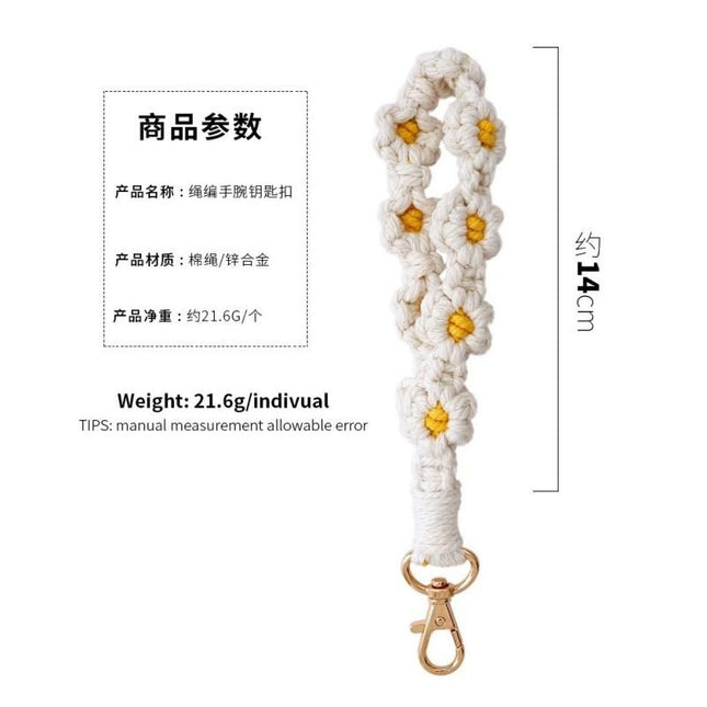 Green Boho Daisy Handmade Braided Wrist Strap Keychain Floral Crochet Keyring with Zinc Alloy Hook – product detail