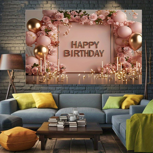 180 x 115cm Pink Printed Floral balloon and candle patterns Happy Birthday Backdrop Premium Indoor Party – product detail