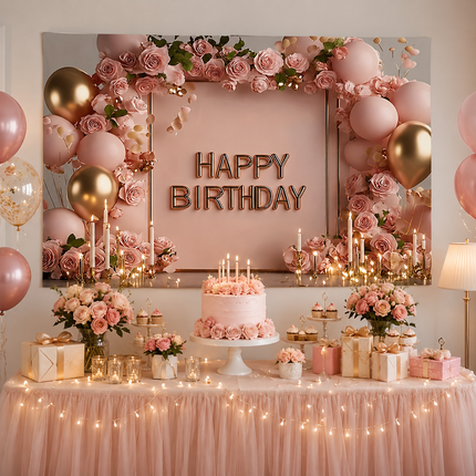180×115cm Pink Printed Floral, balloon, and candle patterns Happy Birthday Backdrop – Premium Indoor Party Decoration Polyester Wall Banner