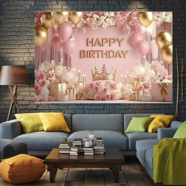 180 x 115cm Pink Printed with a pattern of flowers balloons and a crown Happy Birthday Backdrop Premium – product detail