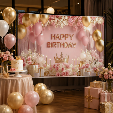 180×115cm Pink Printed with a pattern of flowers, balloons, and a crown Happy Birthday Backdrop – Premium Indoor Party Decoration Polyester Wall Banner