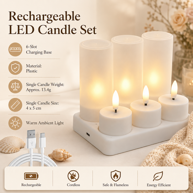 LED Rechargeable Flameless Candle Night Light Set (6 Units with Lampshade) USB Charging Decorative