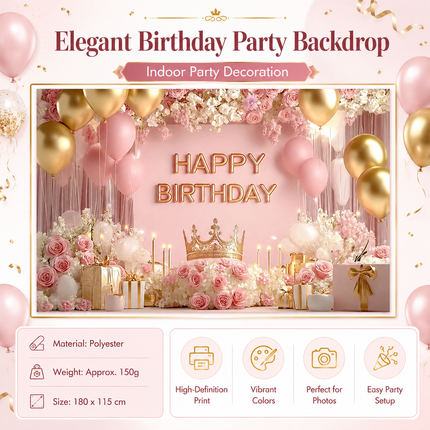 Birthday Party Backdrop and Rechargeable LED Candle Set - 180x115 cm Printed with a pattern of flowers, balloons, and a crown "Happy Birthday" polyester banner, includes 4 LED candles for Indoor Celebration Decor