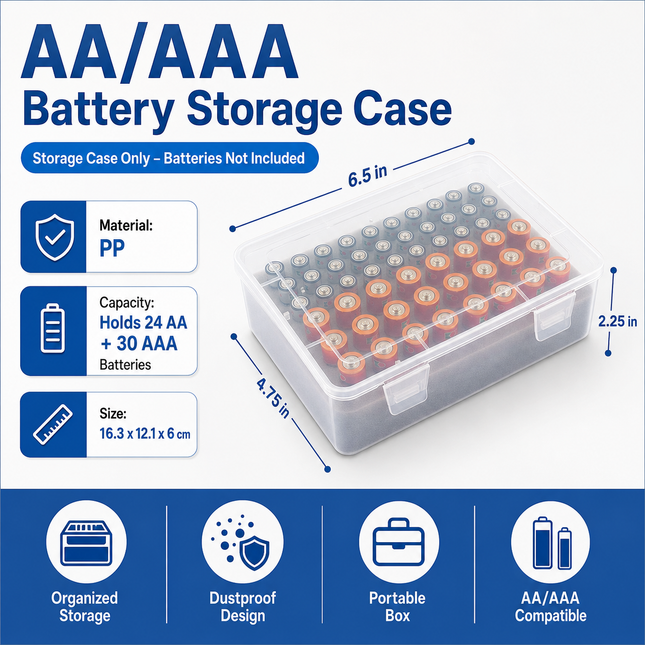 White AA/AAA Battery Storage Case 24 AA Plus 30 AAA Capacity Durable PP Organizer Box with Removable Foam