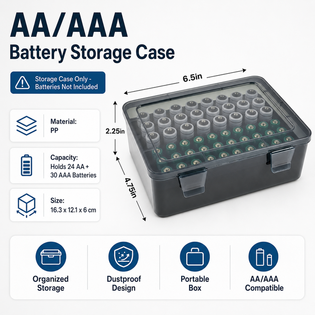 Grey AA/AAA Battery Storage Case 24 AA Plus 30 AAA Capacity Durable PP Organizer Box with Removable Foam