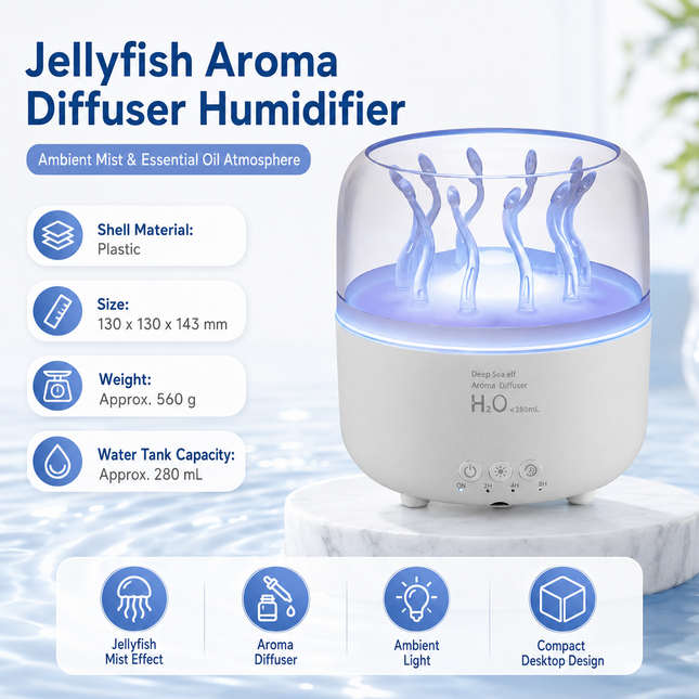 White Jellyfish Aroma Diffuser Humidifier LED Night Light 280ml USB Essential Oil Diffuser with 3