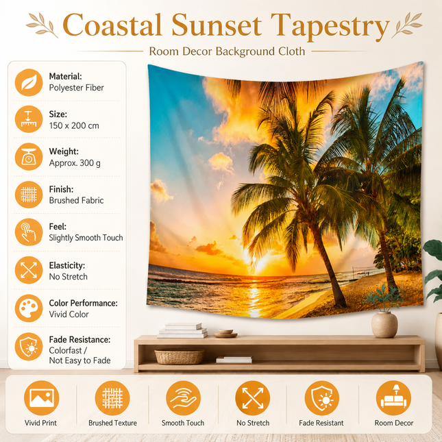 Coastal Sunset Tapestry Wall Hanging 150 x 200cm Polyester Fabric Background Cloth Room Decor