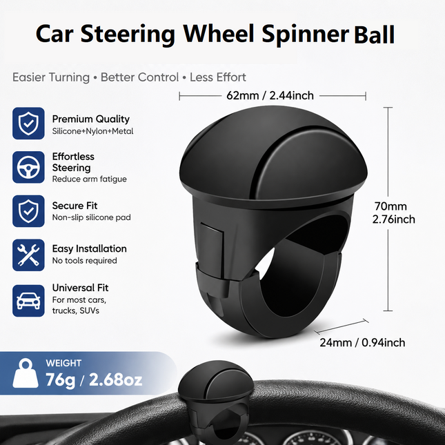 Car Steering Wheel Spinner Ball Crafted from silicone nylon and metal it features 360-degree rotation