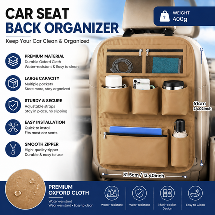 Brown Car Seat Back Organizer - 210D Oxford Cloth, Water-Resistant & Multi-Pocket Design - Space-Saving Storage for Cars, Camping & Home Use