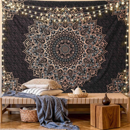 Pink Cat Ear Sunset Projection Lamp and  150x200cm Black Mandala Tapestry Combo - USB Powered ABS Mini Light withPolyester Wall Hanging for Bedroom, Living Room & Photography Ambiance