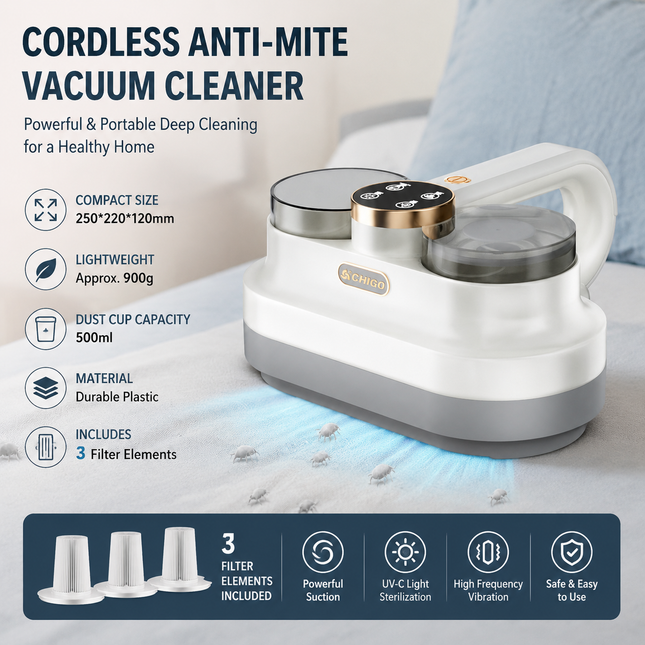 White Handheld Cordless Dust Mite Vacuum Cleaner Includes 3 filter cartridges LED Sanitizing