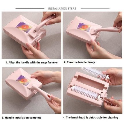 Pink Double Roller Cleaning Brush - PP Material, Sealed Dustpan Design with Detachable Rollers - Lightweight Carpet Sofa Bed Sweeper for Pet Hair and Crumbs