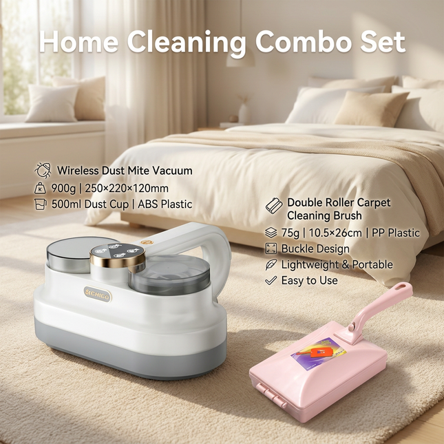 Winter Cleaning Kit White Wireless Dust Mite Vacuum and Pink Double Roller Carpet Brush V888-ELOSUNG53531