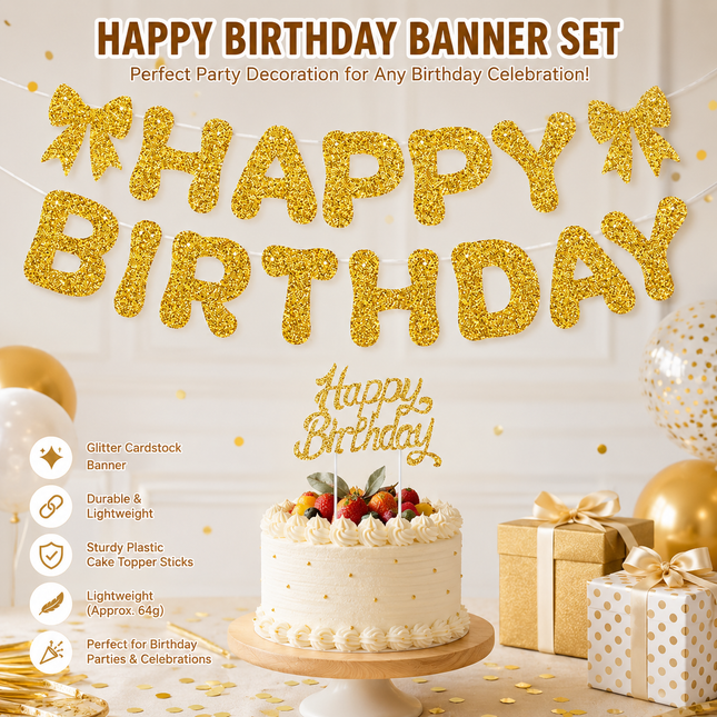 Golden Glitter Happy Birthday Banner and Cake Topper Set