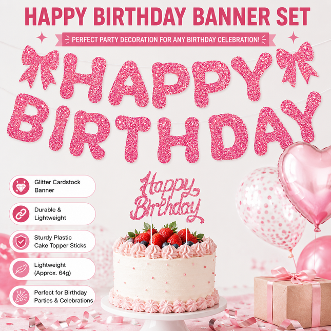 Pink Glitter Happy Birthday Banner and Cake Topper Set