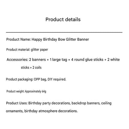 Pink Glitter Happy Birthday Banner and Cake Topper Set - Bow Decoration Birthday Party , Hanging Bunting with Sticks and Tape for Home Celebration