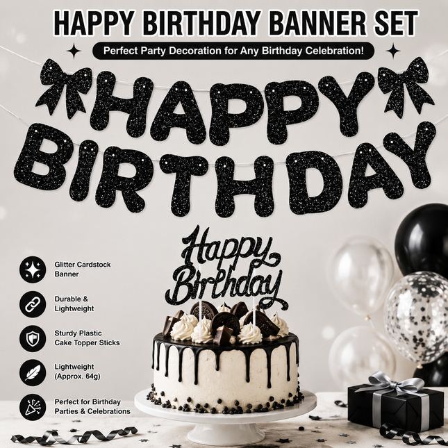 Black Glitter Happy Birthday Banner and Cake Topper Set
