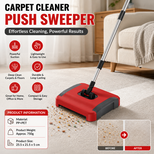 Red Manual Carpet Sweeper with Triple Roller V888-ELOSUNG53538