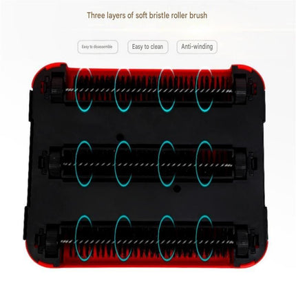 Red Manual Carpet Sweeper with Triple Roller Brushes - Non-Electric Push Broom for Pet Hair, Lightweight Floor Cleaner with Detachable Handle and Large Dustbin