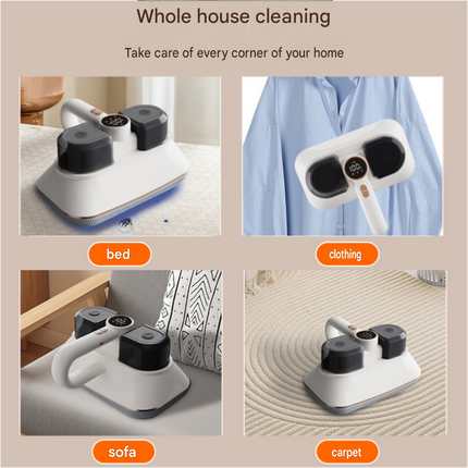 White Wireless Handheld Mite Remover and Red Manual Carpet Sweeper Combo - Dual Cup Strong Suction UV Sterilization High Frequency Tapping Portable Bed Sofa Cleaner with Triple Roller Brush carpet Push Broom for Pet Hair and small fragments