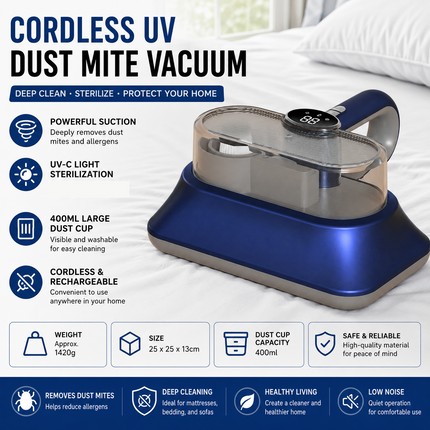 Blue Cordless UV-C Mite Remover Vacuum - 400ml Dust Cup, High-Frequency Tapping, Ergonomic Handle, Deep Cleaning for Bedding carpet Sofa Pet Hair