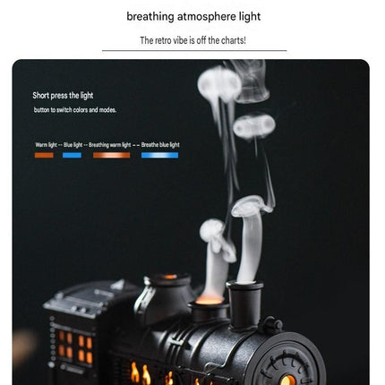 Silvery Retro Train Aromatherapy Humidifier - 300ml Ultrasonic Cool Mist Diffuser with Jellyfish Smoke Ring, LED Night Light  for Bedroom Office Desk Decor