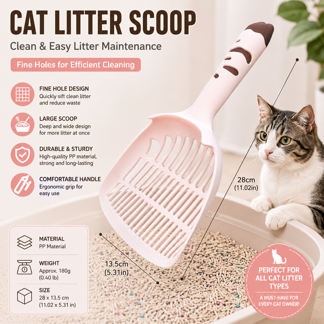 Pink Large-surface cat litter scoop made of PP material featuring a fine-mesh design and an