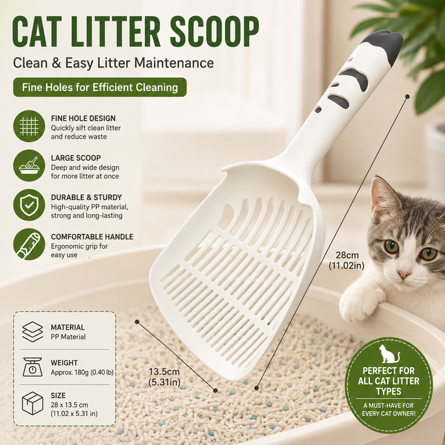 White Large-surface cat litter scoop made of PP material featuring a fine-mesh design and an