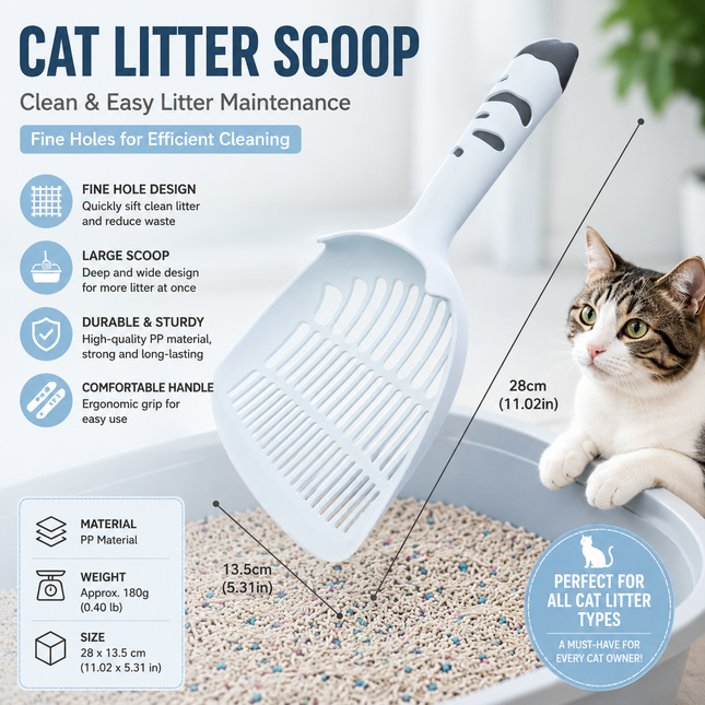 Blue Large-surface cat litter scoop made of PP material featuring a fine-mesh design and an