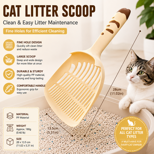 Yellow Large-surface cat litter scoop made of PP material featuring a fine-mesh design and an