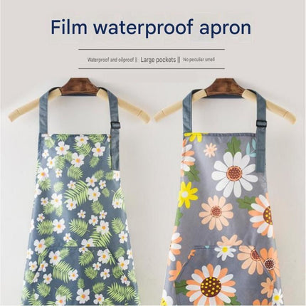 Home Closed Room Dust Cleaning Essentials Bundle - Green grass and small white flower pattern Waterproof Apron, White Long Handle Floor Scrubber Brush,Orange 3L Pressure Sprayer - Multi Purpose Household Kit for Kitchen, Bathroom and Garden Care