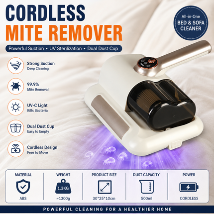 Visualized dust box White Wireless UV Mite Remover Vacuum - 10000Pa Strong Suction, High Frequency Tapping, Washable HEPA Filter, Carpet Mite Remover，Lightweight Handheld Cleaner for Bed Sofa Pet Hair