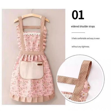 Floral Canvas Pink Kitchen Apron - Waterproof Oil-Resistant with Hand-Wipe Pocket, Adjustable Back Tie and Wide Shoulder Straps for Cooking Baking and Home Cleaning