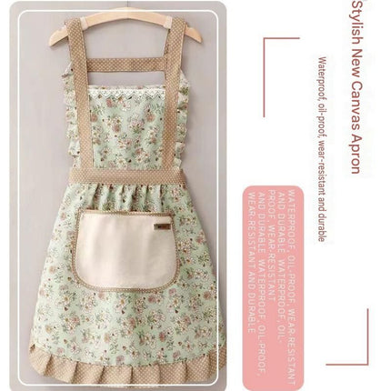 Floral Canvas Green Kitchen Apron - Waterproof Oil-Resistant with Hand-Wipe Pocket, Adjustable Back Tie and Wide Shoulder Straps for Cooking Baking and Home Cleaning