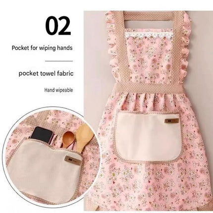 Floral Canvas Blue Kitchen Apron - Waterproof Oil-Resistant with Hand-Wipe Pocket, Adjustable Back Tie and Wide Shoulder Straps for Cooking Baking and Home Cleaning