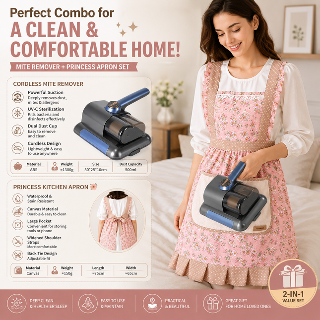Home Clean Essential 2-piece set -Black Wireless UV Mite Remover Vacuum and Floral Pink Canvas Apron
