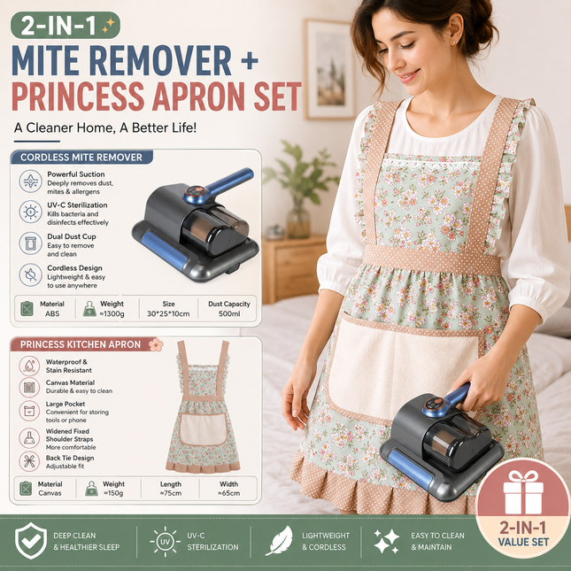Home Clean Essential 2-piece set -Black Wireless UV Mite Remover Vacuum and Floral Green Canvas Apron