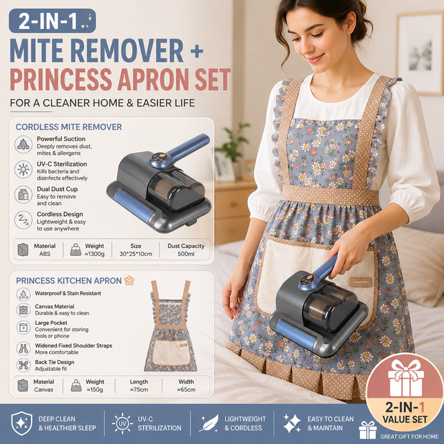 Home Clean Essential 2-piece set -Black Wireless UV Mite Remover Vacuum and Floral Blue Canvas Apron
