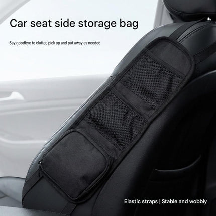 Black Universal Car Seat Side Storage Organizer - Oxford Cloth Mesh Hanging Bag with Zipper Pocket for Phone and Essentials, Slim Fit Auto Interior Tidy