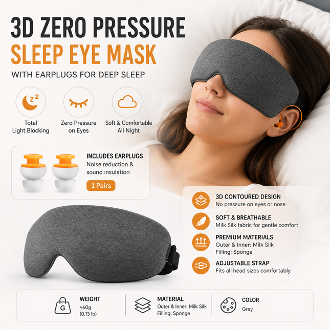 Grey 3D Contoured Sleep Mask with Integrated Earplugs
