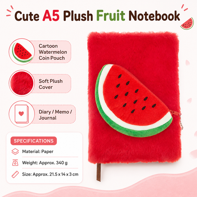 A5 Plush Fruit Notebook with detachable watermelon-shaped coin purse features a soft plush cover and