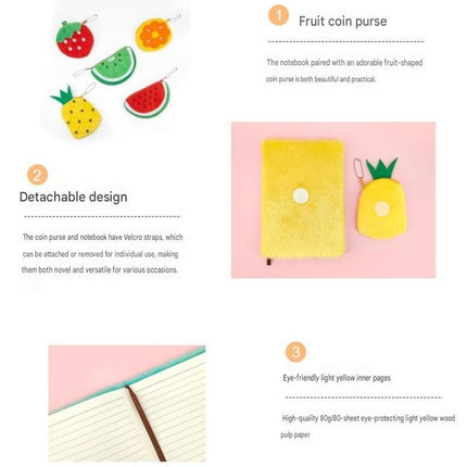A5 Plush Fruit Notebook  with detachable watermelon-shaped coin purse — features a soft plush cover and 80 lined pages; a cute design perfect for school use or journaling
