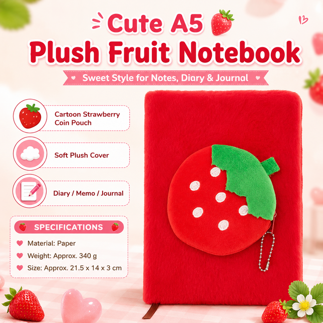 A5 Plush Fruit Notebook with detachable Strawberrie-shaped coin purse features a soft plush cover and