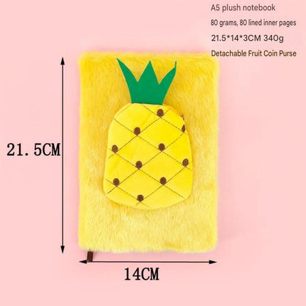 A5 Plush Fruit Notebook  with detachable Strawberrie-shaped coin purse — features a soft plush cover and 80 lined pages; a cute design perfect for school use or journaling